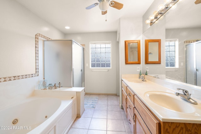 bathroom featuring tile patterned flooring, vanity, separate shower and tub, and ceiling fan