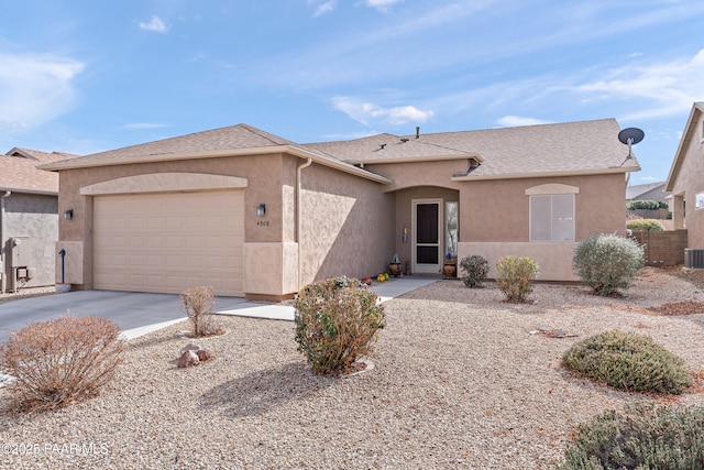 view of front of property featuring a garage, concrete driveway, roof with shingles, and stucco siding