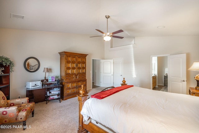 10559 Manzanita Trl, Dewey-Humboldt, AZ 86327 - bedroom with high vaulted ceiling, ceiling fan, and carpet flooring