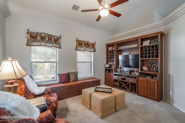 10559 Manzanita Trl, Dewey-Humboldt, AZ 86327 - carpeted living room featuring lofted ceiling and ceiling fan