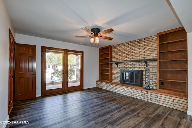 285 E Crestwood, Prescott, AZ 86303 - unfurnished living room featuring french doors, dark wood-style flooring, baseboards, a ceiling fan, and built in features