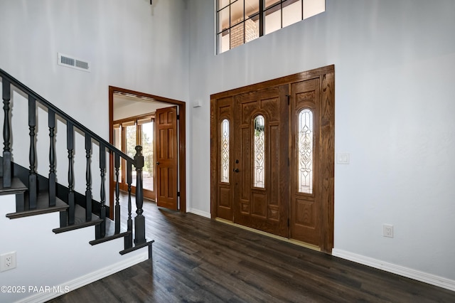 285 E Crestwood, Prescott, AZ 86303 - entrance foyer featuring baseboards, visible vents, stairway, and dark wood finished floors
