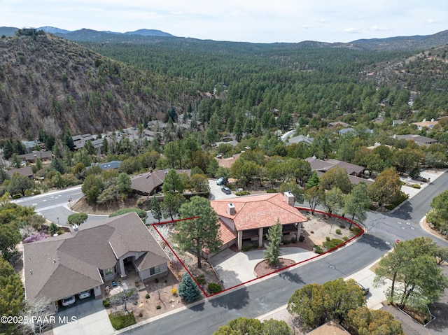 285 E Crestwood, Prescott, AZ 86303 - birds eye view of property featuring a wooded view and a mountain view