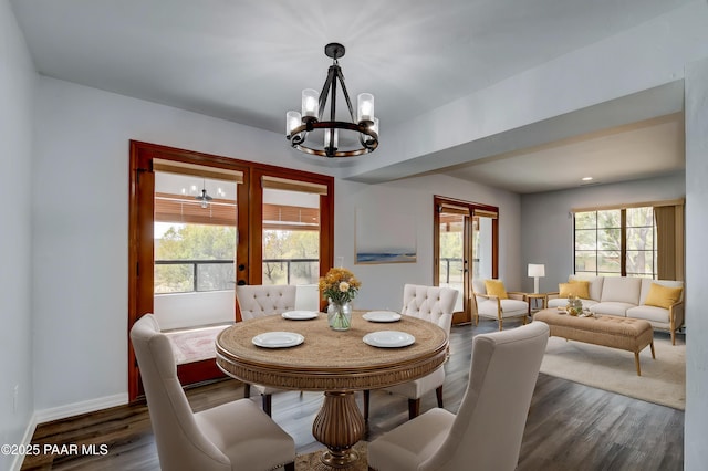 285 E Crestwood, Prescott, AZ 86303 - dining area featuring recessed lighting, dark wood-type flooring, baseboards, a chandelier, and a fireplace