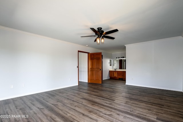285 E Crestwood, Prescott, AZ 86303 - unfurnished living room with baseboards, ceiling fan, crown molding, and dark wood finished floors