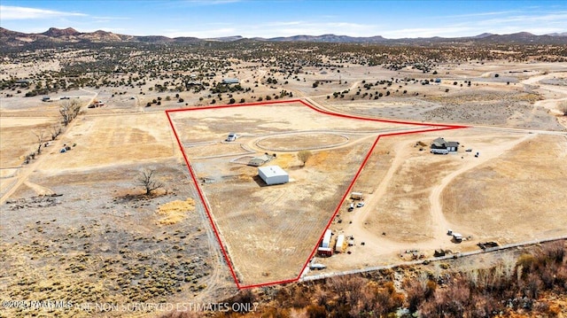 drone / aerial view featuring a desert view and a mountain view