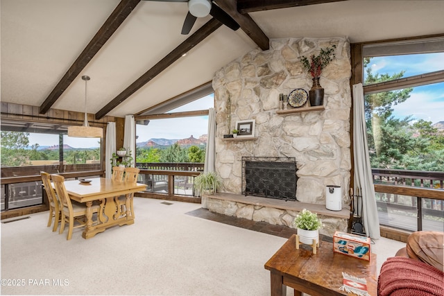 225 Sierra Rd, Sedona, AZ 86336 - living room featuring a ceiling fan, carpet floors, a fireplace, and a mountain view