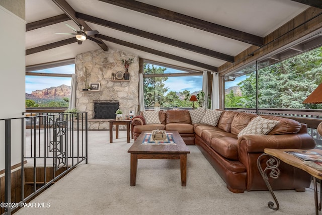 225 Sierra Rd, Sedona, AZ 86336 - living area with ceiling fan, carpet floors, plenty of natural light, and a fireplace