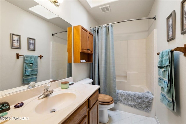 bathroom featuring shower / bath combination with curtain, visible vents, vanity, tile patterned floors, and toilet