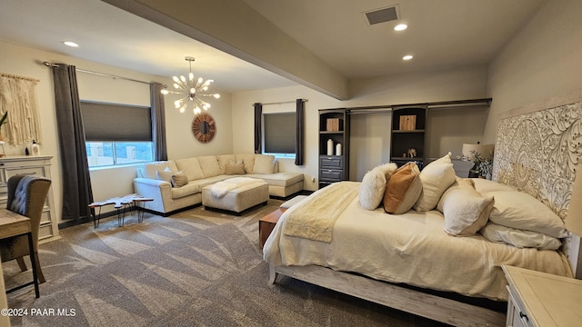 carpeted bedroom featuring beamed ceiling and an inviting chandelier