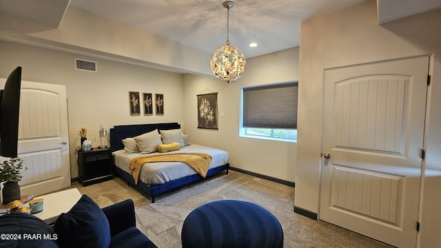 bedroom featuring light colored carpet