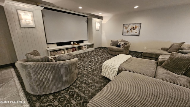 home theater with carpet floors