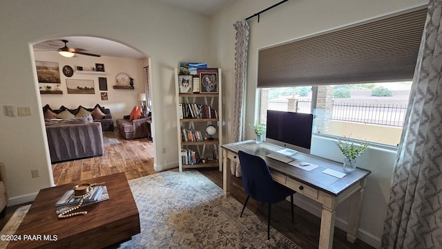 office area with hardwood / wood-style flooring and ceiling fan