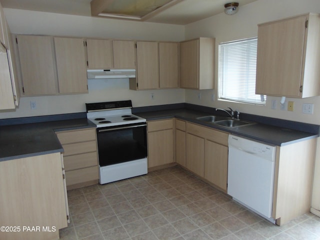 kitchen with electric range, dishwasher, light brown cabinets, and sink