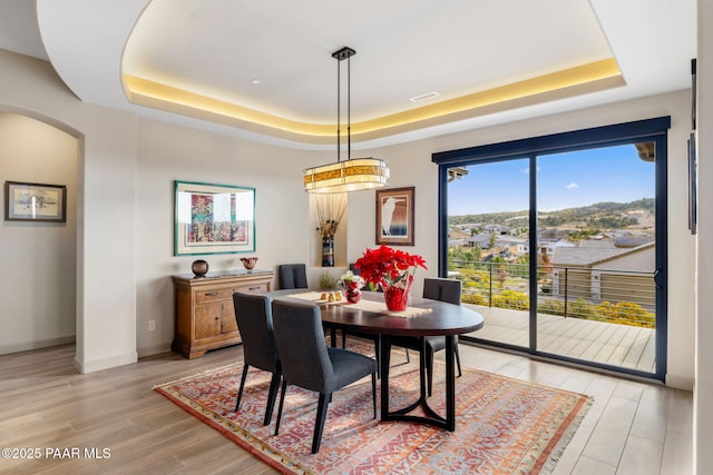 dining area with light hardwood / wood-style floors and a tray ceiling