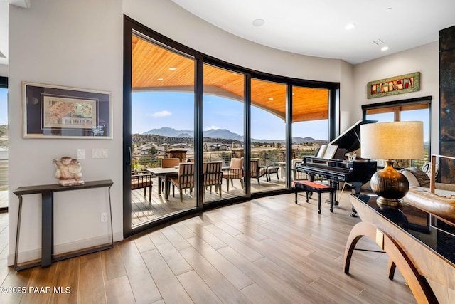 entryway featuring a mountain view, a healthy amount of sunlight, and light hardwood / wood-style flooring