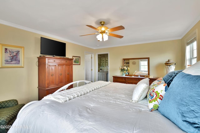bedroom featuring ornamental molding and a ceiling fan
