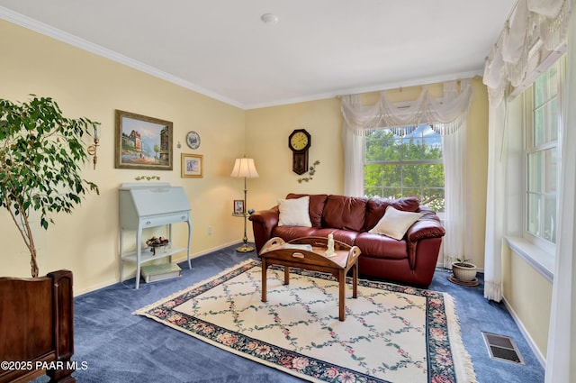 living area featuring baseboards, carpet flooring, visible vents, and crown molding