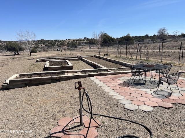 view of yard with a patio, fence, and a vegetable garden