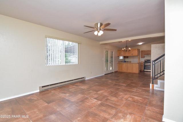 3035 Hozoni Rd, Prescott, AZ 86305 - unfurnished living room featuring a baseboard radiator, a chandelier, a ceiling fan, and stairway