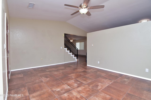 3035 Hozoni Rd, Prescott, AZ 86305 - unfurnished room featuring a ceiling fan, stairway, lofted ceiling, and tile patterned floors