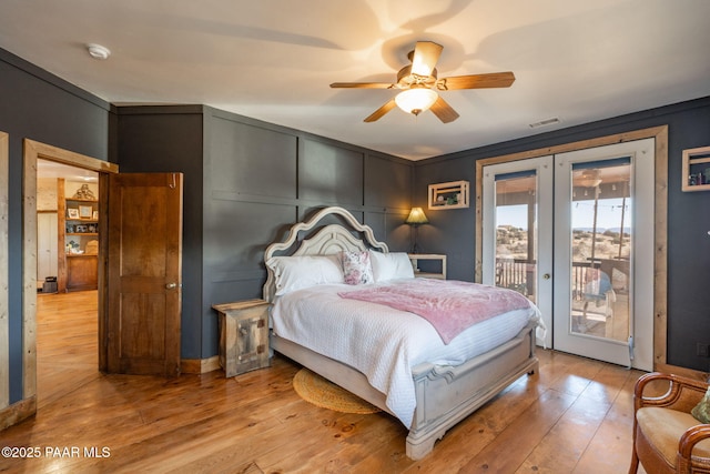 bedroom featuring french doors, ceiling fan, access to exterior, and light wood-type flooring