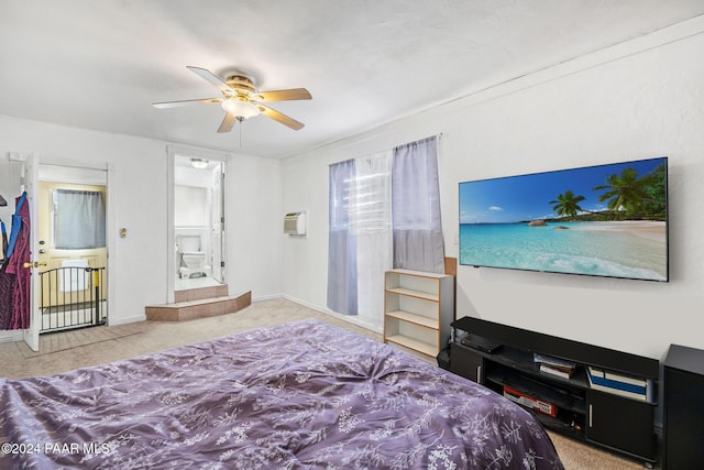 bedroom with ceiling fan and carpet flooring