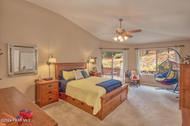 bedroom with access to exterior, light carpet, ceiling fan, and lofted ceiling