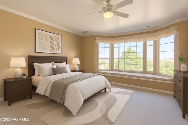 bedroom featuring baseboards, ornamental molding, light carpet, and multiple windows