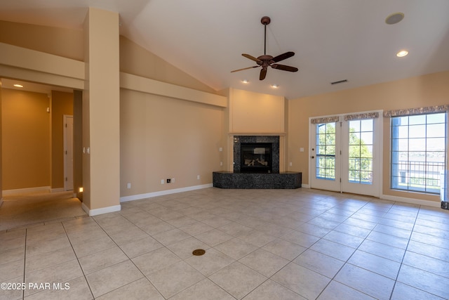 unfurnished living room featuring recessed lighting, light tile patterned floors, a ceiling fan, visible vents, and a high end fireplace