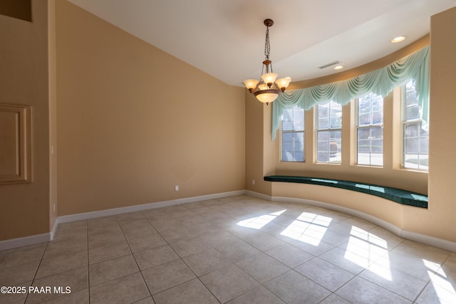 tiled empty room featuring recessed lighting, visible vents, a notable chandelier, and baseboards
