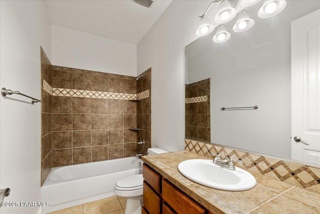 532 Goshawk Trl, Prescott, AZ 86301 - bathroom with vanity, shower / bath combination, tile patterned floors, a chandelier, and decorative backsplash