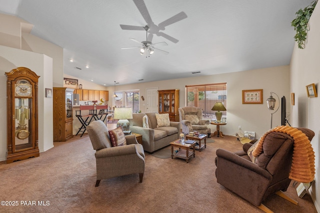 4034 N Sheridan Ln, Prescott Valley, AZ 86314 - living room with plenty of natural light, a ceiling fan, light colored carpet, lofted ceiling, and recessed lighting