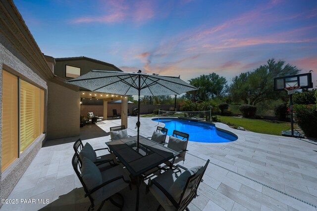 26647 N 43rd St, Cave Creek, AZ 85331 - swimming pool with a patio area, outdoor dining area, and a fenced backyard
