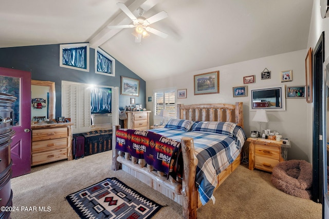 bedroom featuring beamed ceiling, ceiling fan, carpet flooring, and high vaulted ceiling