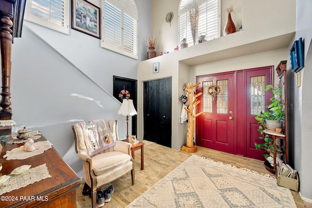 entryway with hardwood / wood-style floors and a high ceiling