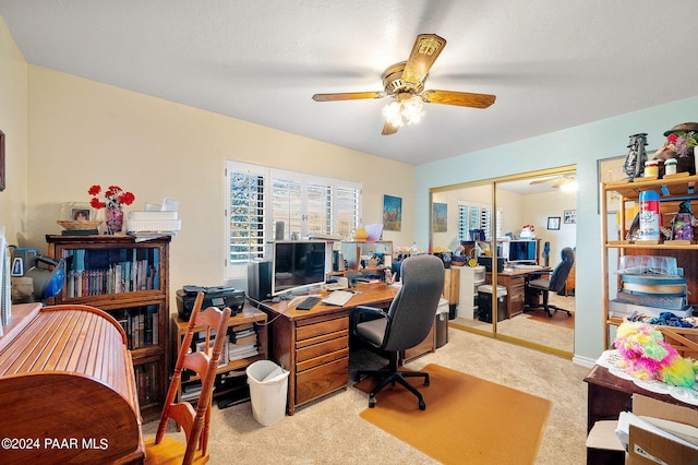 carpeted office featuring ceiling fan and a textured ceiling