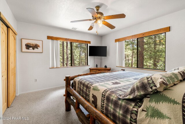 carpeted bedroom with multiple windows, ceiling fan, and a closet