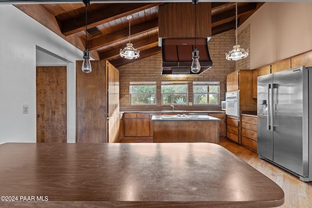 kitchen featuring stainless steel fridge, white oven, wood ceiling, and light hardwood / wood-style flooring