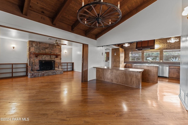 kitchen featuring beam ceiling, wooden ceiling, high vaulted ceiling, and light hardwood / wood-style flooring