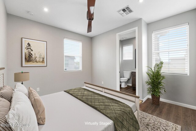 5357 Crescent Edge Dr, Prescott, AZ 86301 - bedroom featuring wood finished floors, baseboards, recessed lighting, ensuite bathroom, and a ceiling fan