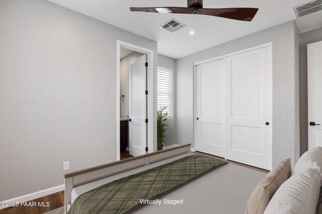 5357 Crescent Edge Dr, Prescott, AZ 86301 - bedroom featuring wood finished floors, baseboards, a closet, recessed lighting, and a ceiling fan