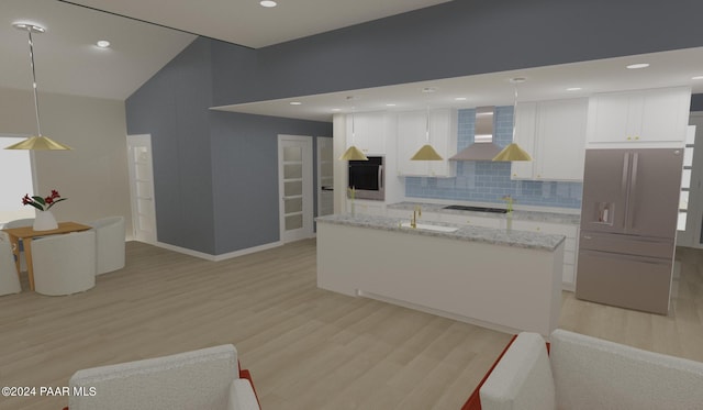 kitchen with white cabinetry, wall chimney exhaust hood, hanging light fixtures, oven, and light hardwood / wood-style floors