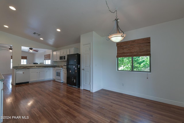 kitchen featuring kitchen peninsula, white appliances, dark wood-type flooring, white cabinetry, and lofted ceiling