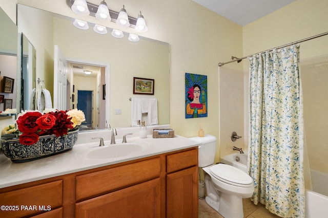 1147 N Lucky Draw Dr, Prescott Valley, AZ 86314 - bathroom with shower / bath combination with curtain, tile patterned floors, vanity, and toilet