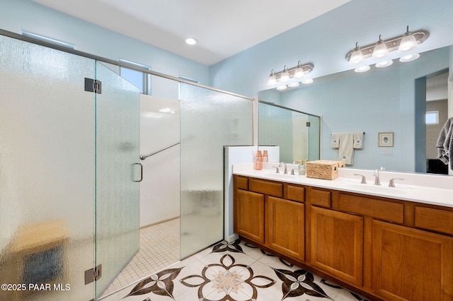 1147 N Lucky Draw Dr, Prescott Valley, AZ 86314 - bathroom with a shower stall, double vanity, and tile patterned floors