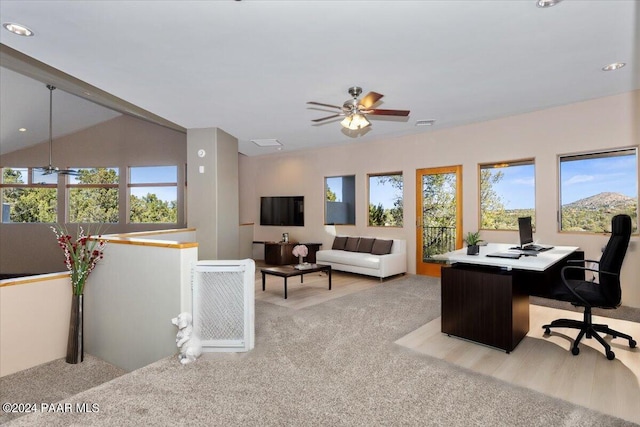 home office featuring visible vents, recessed lighting, lofted ceiling, and a ceiling fan