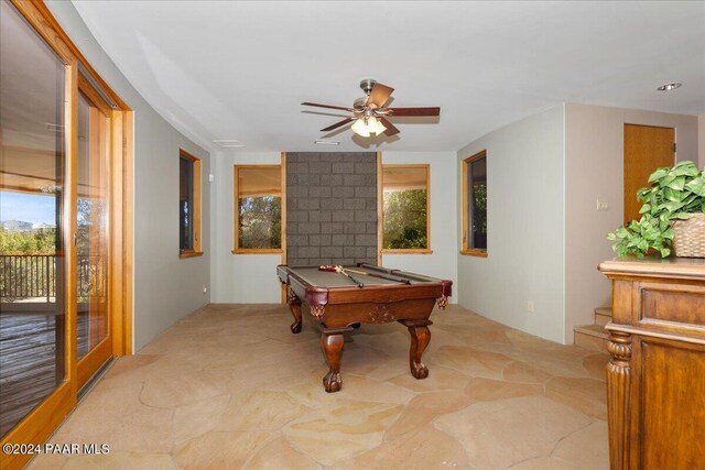 rec room with ceiling fan and pool table