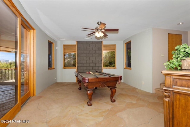 playroom featuring ceiling fan and billiards