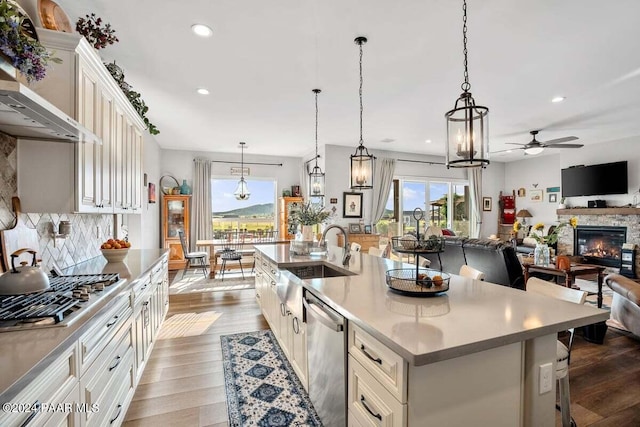9820 N Echo Ridge Cir, Prescott Valley, AZ 86315 - kitchen with stainless steel appliances, wall chimney exhaust hood, a sink, and dark wood finished floors